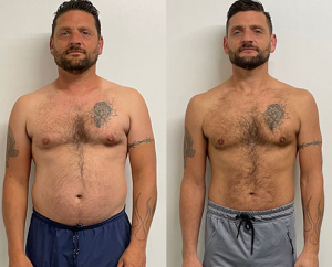 Man displaying before and after images to show results of personal trainer